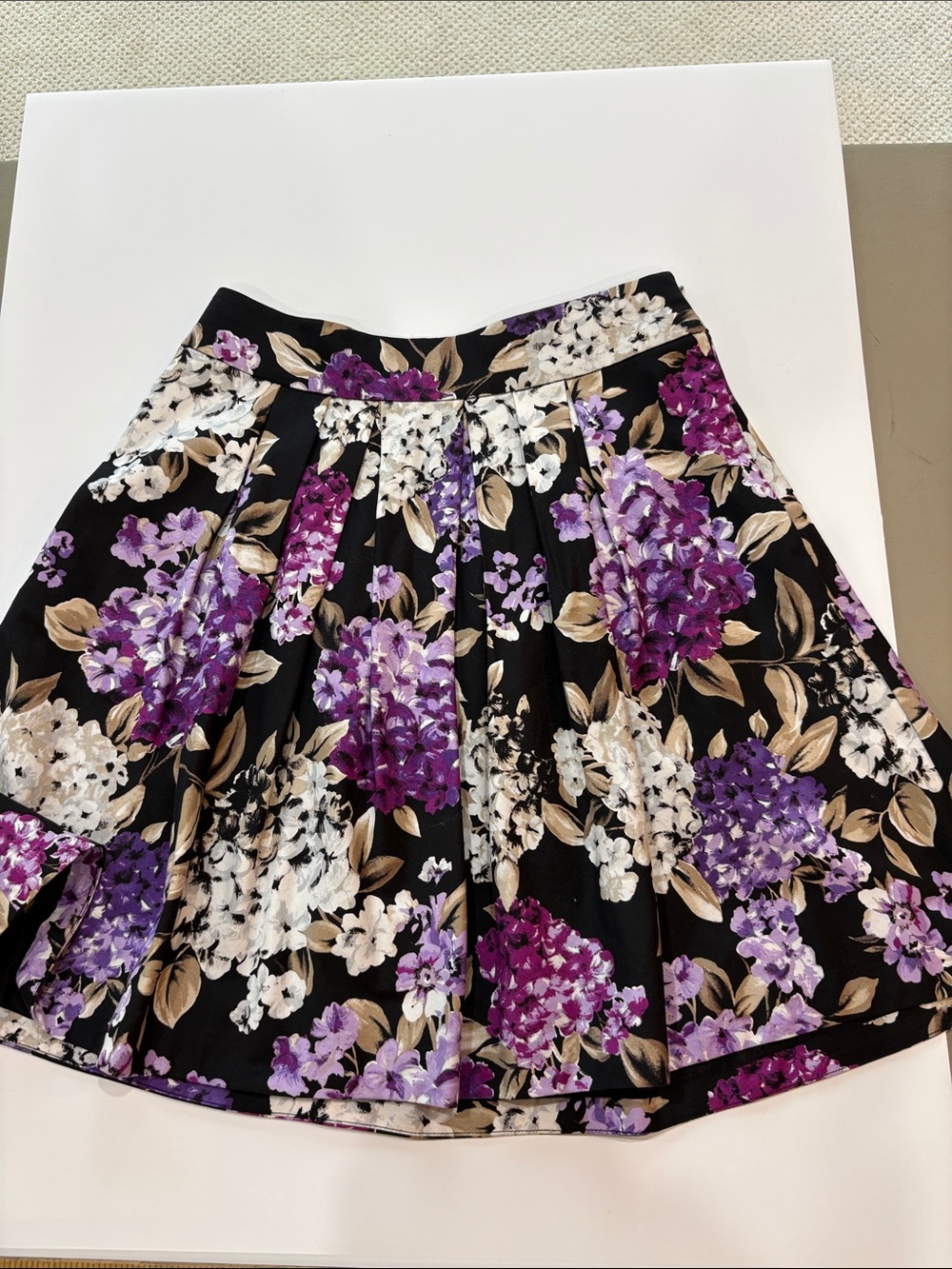 White House Black Market Black A-Line Skirt with Purple & White Floral Print